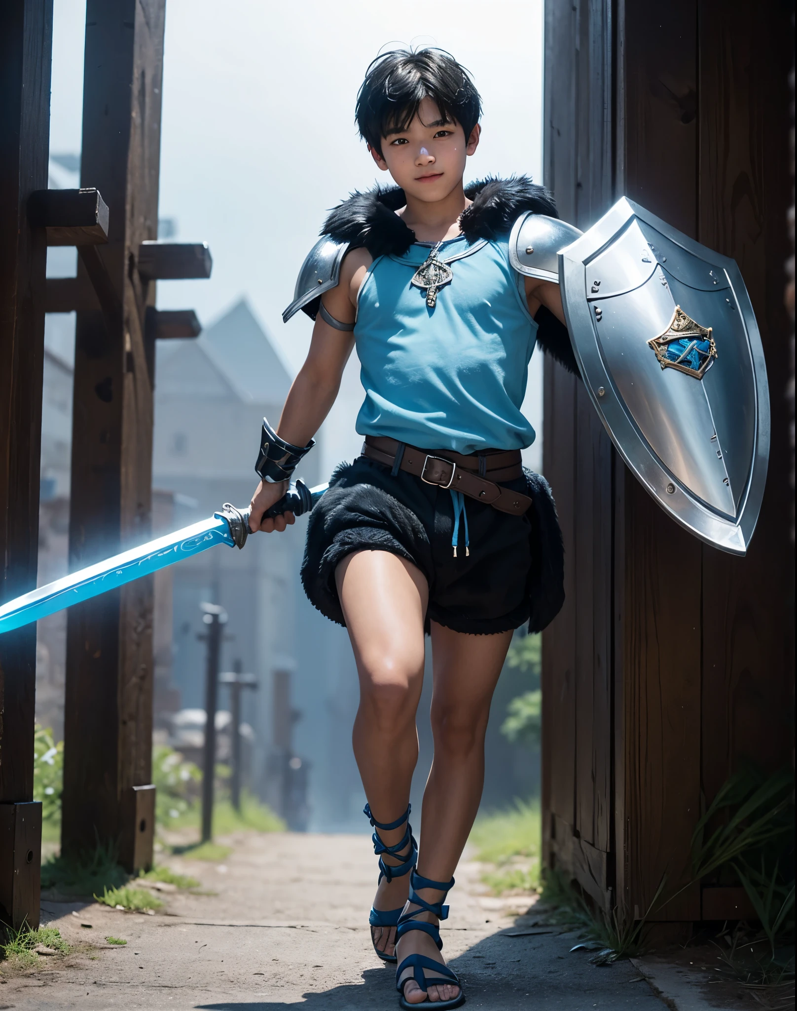 Young 13-year-old boy with black hair and brown eyes, innocent and happy, dressed in short neon-blue medieval barbarian clothes, fur shorts, light-blue battle armor, weilding silver sword and shield, sandals; fullbody; short hair, boyish athletic, sexy,