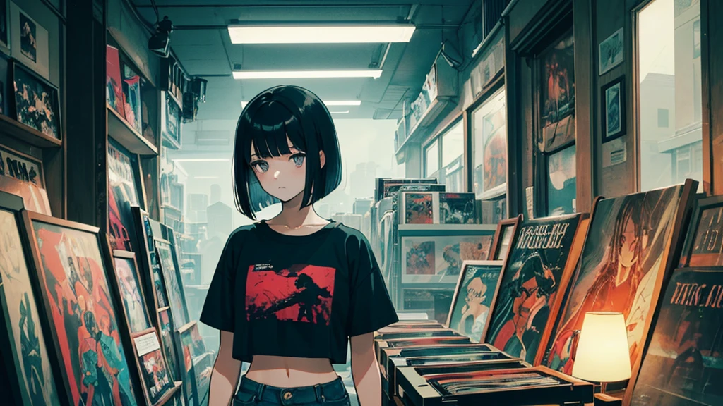 A very detailed beautiful woman, Perfect face,Black Hair, bob cut,Bangs, Gray eyes, Top of crop, Short sleeve, crop top, Super detailed, Retro Wave, Cyberpunk, Sad atmosphere, night light through the window, night vibes, Room, 2d, (long shot), Old comics, (A lot of records:1.3), vinyl plastic record shop, (masterpiece, best quality, best quality, Official Art, beautiful and aesthetic: 1.2), Old anime texture, Solitary, Cyberpunk, vinyl plastic, night