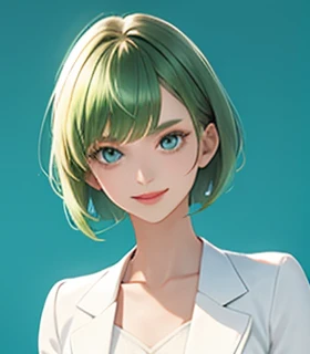 green hair,Emerald hair,short hair,short hair,bright face,upper body up,chest up,business woman,intellectual,smile,white jacket,laughter,30 years,drooling eyes, alone,Flow of hair that extends to the face,Big light blue eyes shine charmingly,green one piece,eyeliner,Shining white skin,big bangs,beautiful bangs,