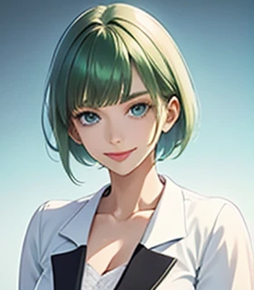 green hair,Emerald hair,short hair,short hair,bright face,upper body up,chest up,business woman,intellectual,smile,white jacket,laughter,30 years,drooling eyes, alone,Flow of hair that extends to the face,Big light blue eyes shine charmingly,green one piece,eyeliner,Shining white skin,big bangs,beautiful bangs,