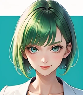 green hair,Emerald hair,short hair,short hair,bright face,upper body up,chest up,business woman,intellectual,smile,white jacket,laughter,30 years,drooling eyes, alone,Flow of hair that extends to the face,Big light blue eyes shine charmingly,green one piece,eyeliner,Shining white skin,big bangs,beautiful bangs,