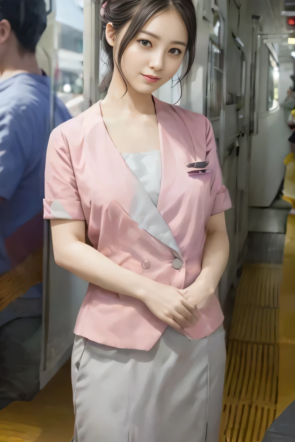 (masterpiece:1.2, Highest quality:1.2), 32k HDR, High resolution, (alone、1 girl)、 (Height: 160cm)、(On the rooftop of a building in the daytime、Professional Lighting)、Building rooftop background、(Nankai train crew uniform pinkを着たリアルスタイル)、(Nankai train crew uniform pink short sleeve collarless pink jacket、Nankai Train Crew Uniform Pink Collarless Short Sleeve Blouse、Nankai Train Crew Uniform Pink Grey Knee-length Culottes)、(The pink jacket is showing from the culottes.)、Dark brown hair、(Hair tied up、Hair tied up、Evening curly hairstyle)、Dark brown hair、Long Shot、Big Breasts、Thin legs、((Great hands:2.0)),((Harmonious body proportions:1.5)),((Normal limbs:2.0)),((Normal finger:2.0)),((Delicate eyes:2.0)),((Normal eyes:2.0)))、smile、(Nankai Train Crew Uniform Pink Grey Knee-length Culottesを見せた美しい歩く姿)、Place your hands around your stomach、Lanyard employee ID card