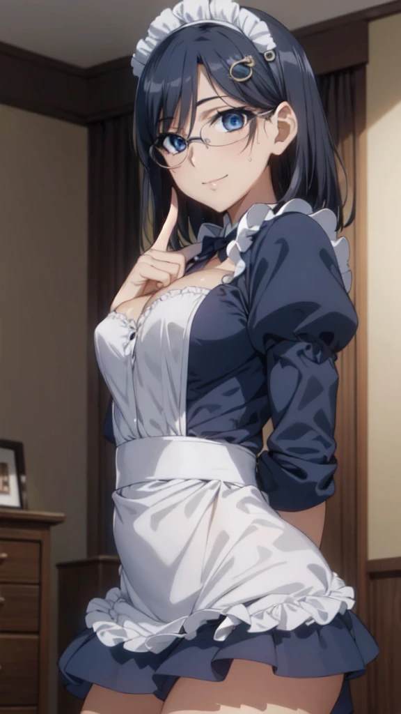 (From the side:1.3),One Girl,18-year-old,(Perfect hands:1.3), Perfect Fingers,Perfect Anatomy, (masterpiece:1.4), Highest quality,Realistic, hyperRealistic, 16k hdr, morning, short hair,Put your arms behind your back,(Aesthetic Anime Eyes:1.4),Condescending eyes,Beautiful Eyes,(Beautiful female hands:1.3),Small hands,(Thin fingers:1.3), (Navy Blue Hair), blue eyes, Glasses,Something like that, Cafe,Are standing,(Sweat:1.3),(smile:1.2),Big Breasts,Cleavage,(Sexy maid outfit,Head ornament:1.2),Ultra mini skirt,Frills,Sexy maid outfit,White panties,raise one leg slightly,