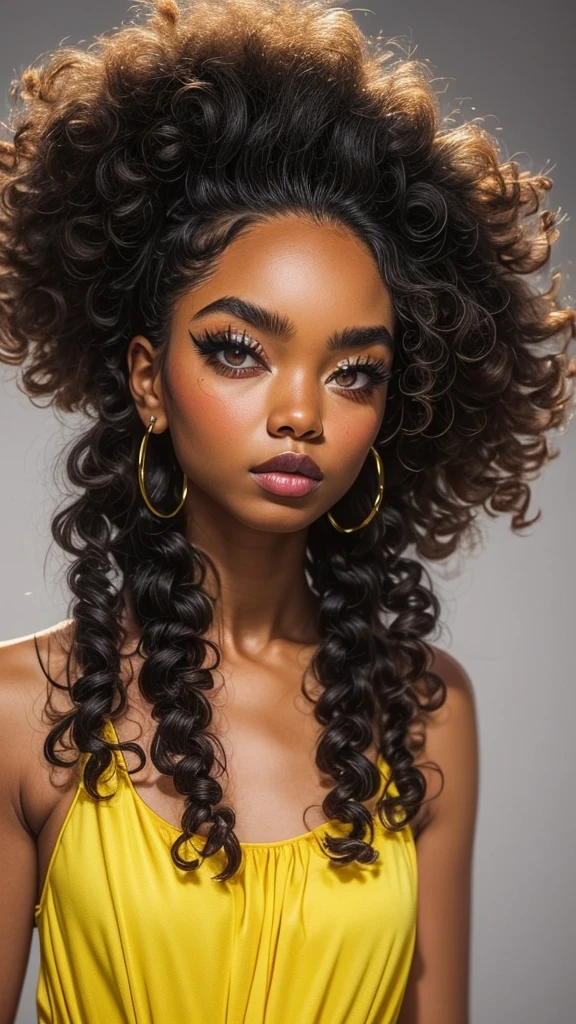 dark brown skin girl,16 years old, huge gorgeous afro hair and big eyes, wearing a yellow dress and a yellow, soft expression. semi realistic. flat figure