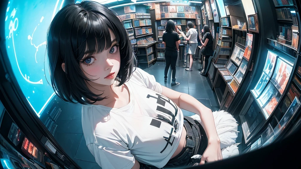18 year old girl, short black hair, big sad eyes, sweet smile, flat chest, choker collar, heavy bracelets, nude, naked, pubic hair, standing, open door, open window, bookstore, books, evening, nighttime, dramatic lighting, cinematic lighting, masterpiece, best quality