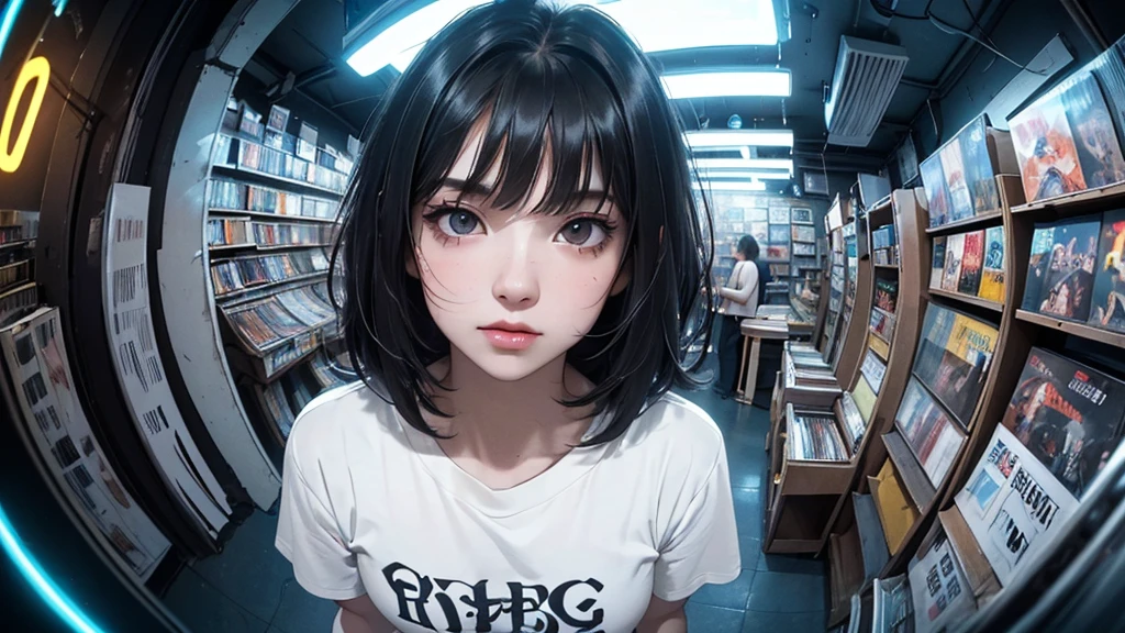 ((8k wallpaper extremely detailed CG unit, masterpiece, High resolution, top quality)), (A very detailed beautiful woman, Perfect face,Black Hair, bob cut,Bangs, Gray eyes, Top of crop, Short sleeve, crop top), ((The face is rich in detail, Highly detailed dark eyes, Extra detailed body, Top quality real texture skin)), (A black-haired one, Messy hair, White skin), (Interior Architecture, glowing neon lights, Record store), (High Angle:1.2, Fisheye:1.3), Surrealism, number,