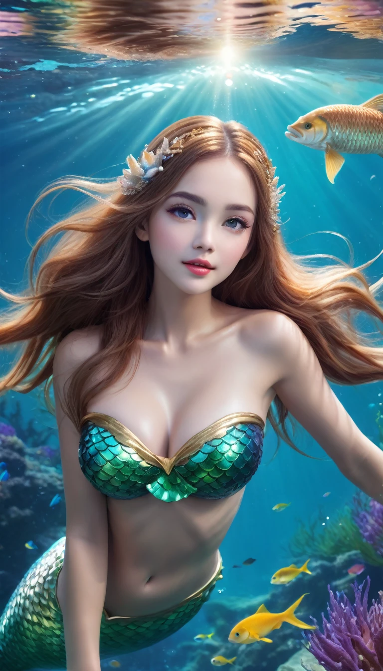 (best quality,4k,8k,highres,masterpiece:1.2),ultra-detailed,(realistic,photorealistic,photo-realistic:1.37),(whole body:1.3)mermaid princess, detailed face, beautiful eyes, long eyelashes, delicate lips, elegant hairstyle, shimmering scales, flowing underwater hair, sea creature background, fantasy underwater scene, vibrant colors, dramatic lighting, soft focus, ethereal atmosphere