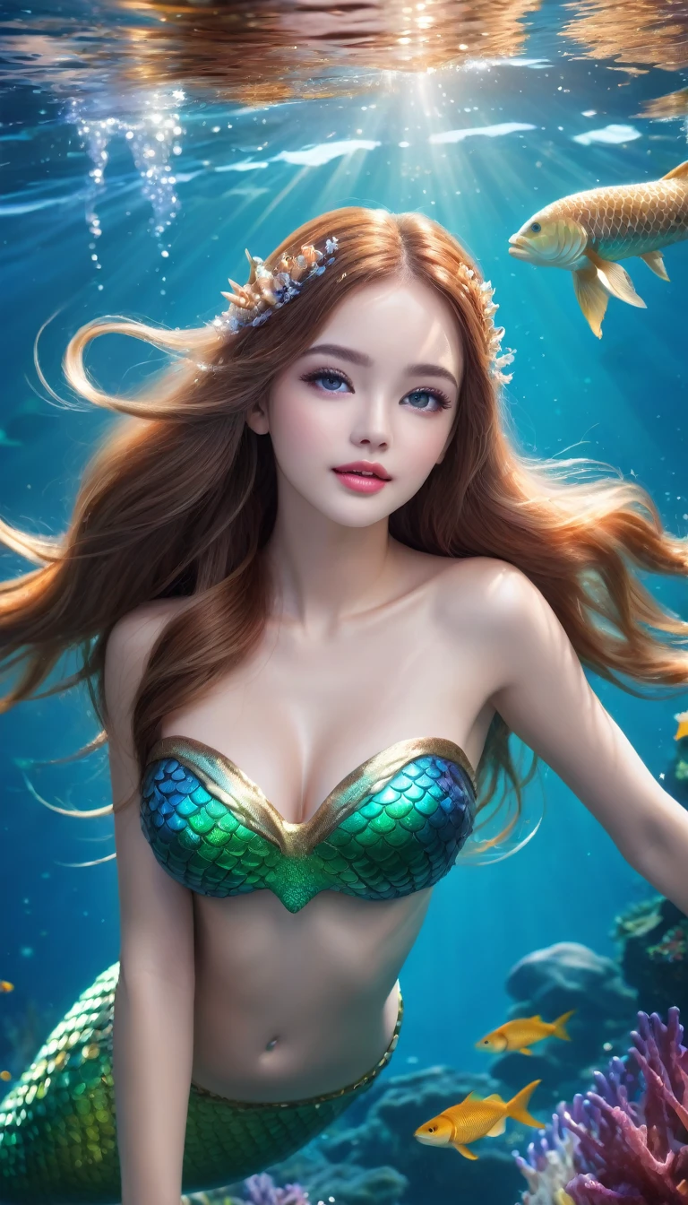 (best quality,4k,8k,highres,masterpiece:1.2),ultra-detailed,(realistic,photorealistic,photo-realistic:1.37),(whole body:1.3)mermaid princess, detailed face, beautiful eyes, long eyelashes, delicate lips, elegant hairstyle, shimmering scales, flowing underwater hair, sea creature background, fantasy underwater scene, vibrant colors, dramatic lighting, soft focus, ethereal atmosphere