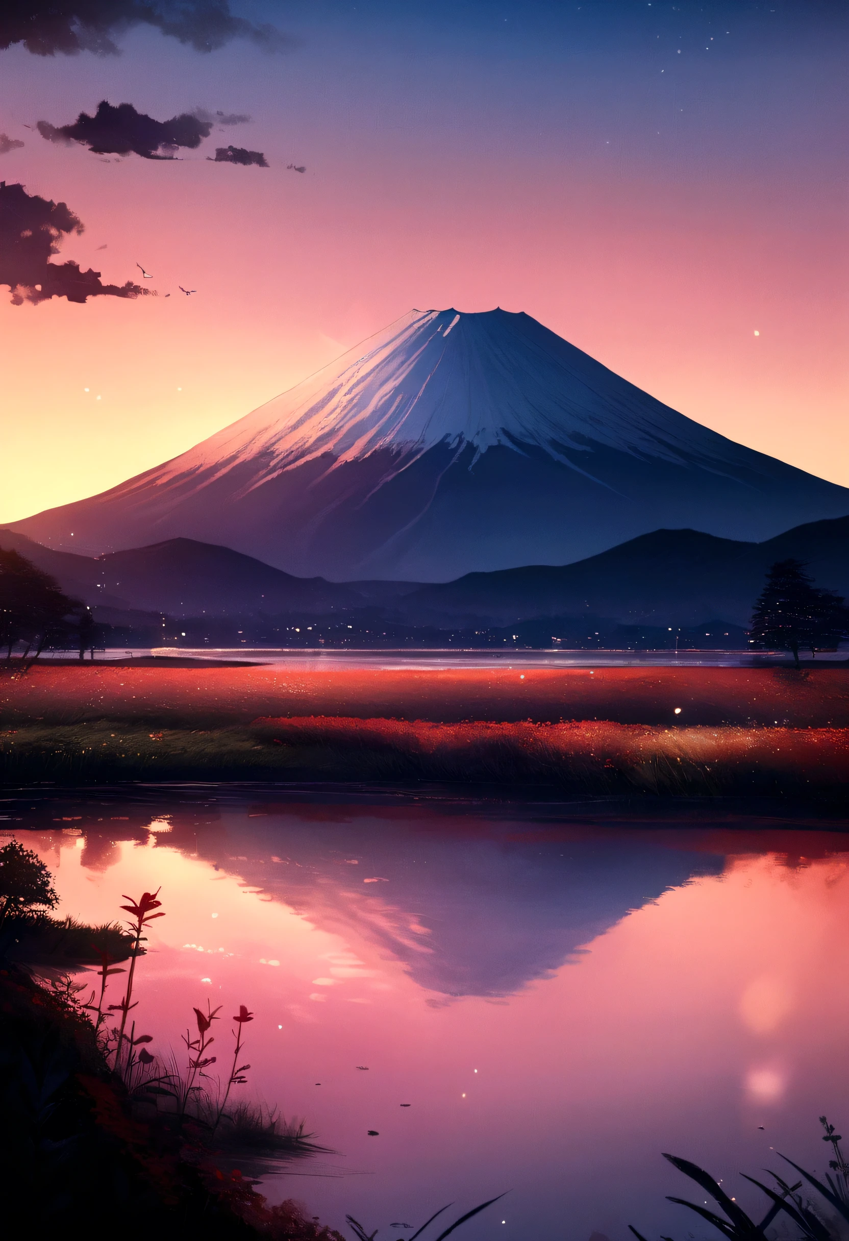 Cinematic, Scenic, Stunning image of Mount Fuji and its reflection in a lake at sunset, The sky is red, Bokeh, dream-like, Surreal, Realistic