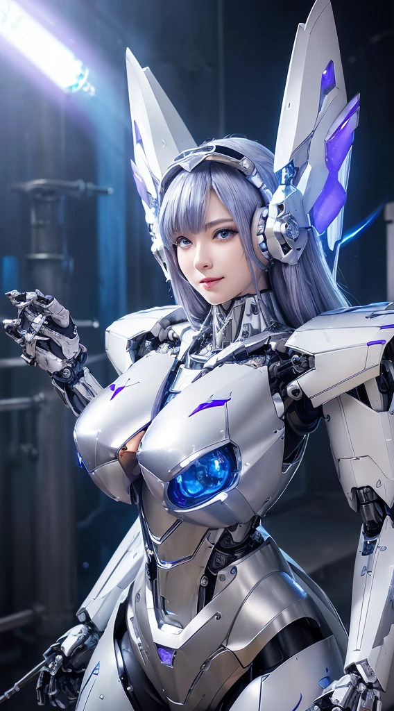 ((Intense action pose:1.6))、((Shining lenses on both breasts:1.3))、((A blue pillar of light is emitted from the lens.:1.3))、smile、((8K)), ((32k)), ((Highest quality)), ((masterpiece)), ((超A high resolution)), ((Tmasterpiece)), ((Halation:1.4))、((Mechaニカルheadgear:1.2))、((Cyber headphones:1.3))、Fine skin, High quality fabric, Fine metal texture、((Beautiful and dense face))、RAW Photos、Professional, Ultra-fine painting, ((alone)), Beautiful breasts、Highest quality, Very detailed, Very detailed詳細, Finer details, so beautiful, ((Princess Knight Robot:1.2)), (Joints of machines, Mechanical Limbs:1.3), (The internal structure of the machine is exposed:1.3), (Long silver hair:1.1), (Beautiful and huge mechanical breasts)、White Veil, cowboy_shot, Side Focus, headgear, Shiny、(Five Fingers, Four fingers and thumb),Concept Art, Anime fantasy artwork, Detailed fantasy art, (with pale blue-violet hair and large white wings,,,,,,,), (((Long silver hair))), (Mecha:1.6)、Sleek and intimidating design, ((Commander-in-Chief'arm)), (Perfect robot body)、純白と青紫armまたは, Symmetrical wings, 8K high quality, detailed art, 3D rendering of character art in 8K, neat legs, Defined, Defined fingers,
