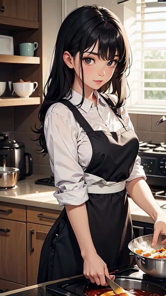 A beautiful black-haired woman cooking in a cute apron