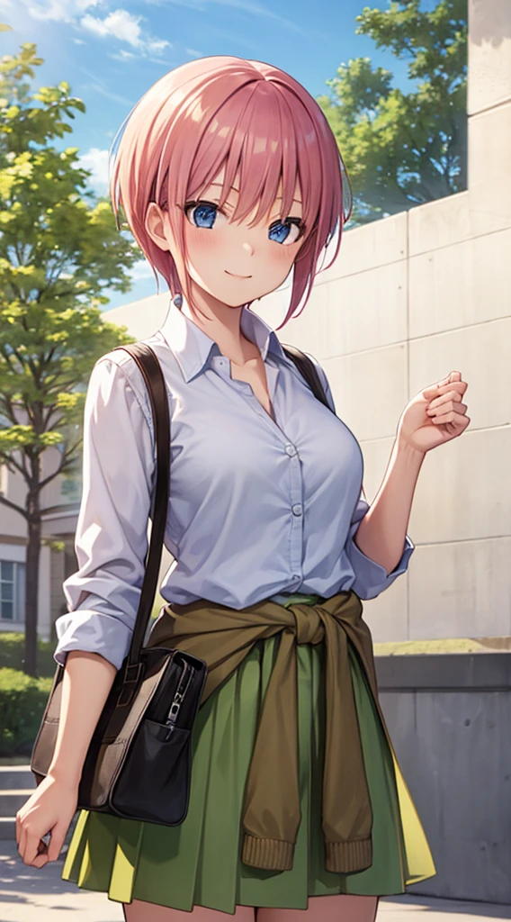 2D, masterpiece, Highest quality, anime, Very detailed, One girl, alone, Cowboy Shot, Nakano Ichika, Pink Hair, short hair, Cardigan around the waist, Collared shirt, Green Skirt, mini skirt, Medium chest, Are standing, School, Outdoor, smile