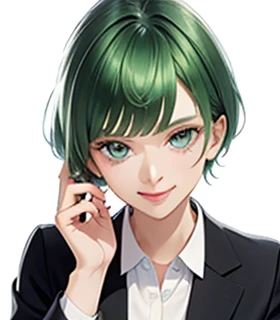 sleepy face , green hair,Emerald hair,short hair,short hair,bright face,upper body up,chest up,business woman,intellectual,smile,jacket,white shirt , laughter,drooling eyes, alone,Flow of hair that extends to the face,Big light blue eyes shine charmingly,green one piece,eyeliner,Shining white skin,big bangs,beautiful bangs,