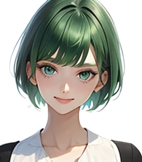 sleepy face , green hair,Emerald hair,short hair,short hair,bright face,upper body up,chest up,business woman,intellectual,smile,jacket,white shirt , laughter,drooling eyes, alone,Flow of hair that extends to the face,Big light blue eyes shine charmingly,green one piece,eyeliner,Shining white skin,big bangs,beautiful bangs,