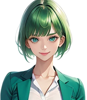 sleepy face , green hair,Emerald hair,short hair,short hair,bright face,upper body up,chest up,business woman,intellectual,smile,jacket,white shirt , laughter,drooling eyes, alone,Flow of hair that extends to the face,Big light blue eyes shine charmingly,green one piece,eyeliner,Shining white skin,big bangs,beautiful bangs,