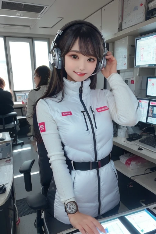 masterpiece, Highest quality, Very detailed, 8K Portrait,Japanese Android Girl,plump , Control panel,Robotic arms and legs, Blunt bangs,,break (Metallic Gray, Metallic luster, Mirror finish, Astro Best):5,headphone:5,break (Black sleeves):100,Smart Watches,Futuristic space station,Control Room,break headphone,blue eyes,(Black Hair):2,(Long Hair):1.3,Displaying the viewer,(respirator),break blush:3,Hidden Hand,smile