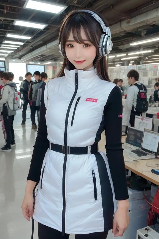 masterpiece, Highest quality, Very detailed, 8K Portrait,Japanese Android Girl,plump , Control panel,Robotic arms and legs, Blunt bangs,,break (Metallic Gray, Metallic luster, Mirror finish, Astro Best):5,headphone:5,break (Black sleeves):100,Smart Watches,Futuristic space station,Control Room,break headphone,blue eyes,(Black Hair):2,(Long Hair):1.3,Displaying the viewer,(respirator),break blush:3,Hidden Hand,smile