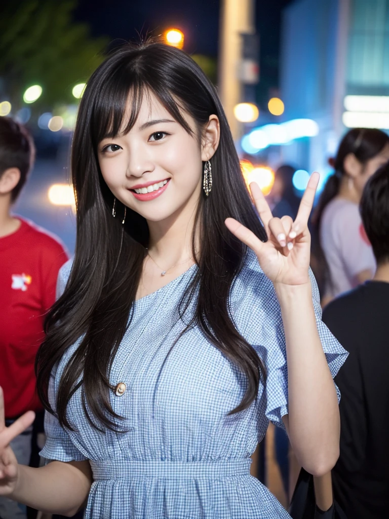 (8k, best quality, masterpiece:), Create a highly realistic image of a young woman taking a selfie outdoors in the evening. She is holding a red smartphone with her left hand, which is extended in front of her to capture the photo. The woman has long, straight black hair and is wearing a light blue and white checkered dress. She is smiling brightly and making a peace sign with her right hand. The background is slightly blurred but suggests a vibrant, urban setting with bokeh lights from street lamps or buildings. The overall atmosphere is cheerful and lively, with a warm, evening glow. best quality, perfect body, ultra realistic, accurate details , beautiful face