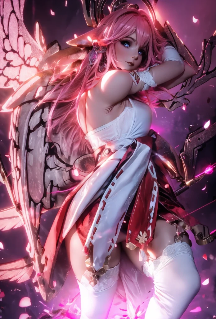 “A magical girl with pink hair and G-cup, dressed in an autumn-themed outfit. Her outfit features rich, earthy tones like burnt orange, deep red, and golden brown. She is surrounded by falling leaves, pumpkins, and a harvest moon glowing in the background. Her magic wand has a leaf motif, and her aura is warm and cozy, like a crackling fire.”