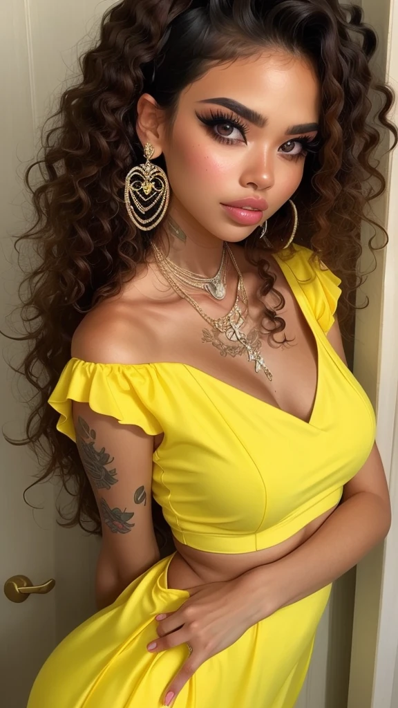 dark brown skin girl,************, huge gorgeous afro hair and big eyes, wearing a yellow dress and a yellow, soft expression. semi realistic. flat figure