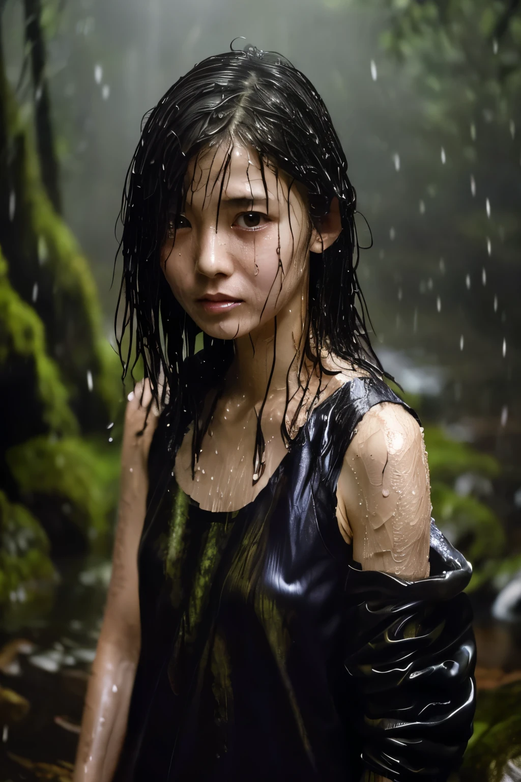 Best Image Quality, masterpiece, Ultra high resolution, (loyalty :1.4), Skinny Japanese woman, 1 girl, detailed face, detailed eyes, correct human body structure, dim, Dark, Tears, Tearsdrop, (wet soaked clothes sticking to the body:1.4), bare shoulders, wet hair, torrential rain, in the deep forest,