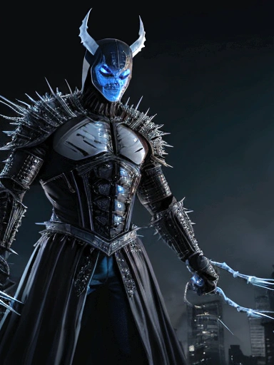 (extremely detailed 8k wallpaper), a medium shot photo of scary Grim dressed as a white masked wolverine in an armour made of blue glowing wires from marvel, theme, intricate, high detail, dramatic, old scary building with metallic spikes in the background