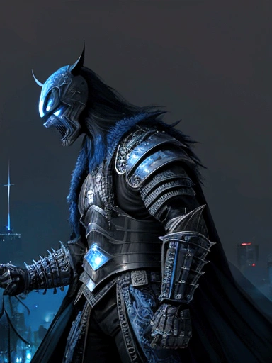 (extremely detailed 8k wallpaper), a medium shot photo of scary Grim dressed as a white masked wolverine in an armour made of blue glowing wires from marvel, theme, intricate, high detail, dramatic, old scary building with metallic spikes in the background