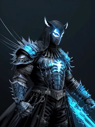 (extremely detailed 8k wallpaper), a medium shot photo of scary Grim dressed as a white masked wolverine in an armour made of blue glowing wires from marvel, theme, intricate, high detail, dramatic, old scary building with metallic spikes in the background