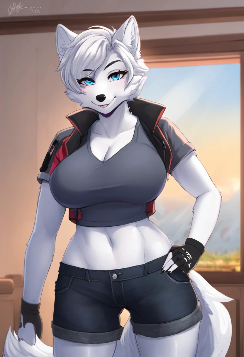 Arctic fox as a busty Tomboy with short hair
