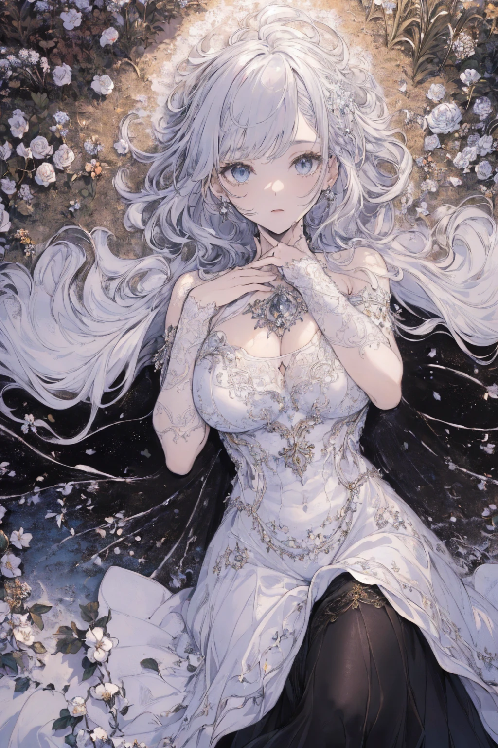 (Landscape photo, with a woman in the bottom right of photo:1.5, in white garden:1.5), Masterpiece, best quality, (very detailed CG unity 8k wallpaper), (best quality), High definition RAW color art, Animation,sculptures, (black Marble Skin), (((Ultra detailed elegant))), Magical atmosphere, Detailed skin, Texture,(Intricately detailed, Fine detail, ultra-detail art), depth of fields, Bokeh, Silky Touch, Hyper Detail, beautiful eyes, elegant face, (lying on floor, upper body focus), sparkle background, enormous breast:1.3, (インド人, silver hair), pure white, pose, muscle, embarrassing face, rose, ドラマチックな光