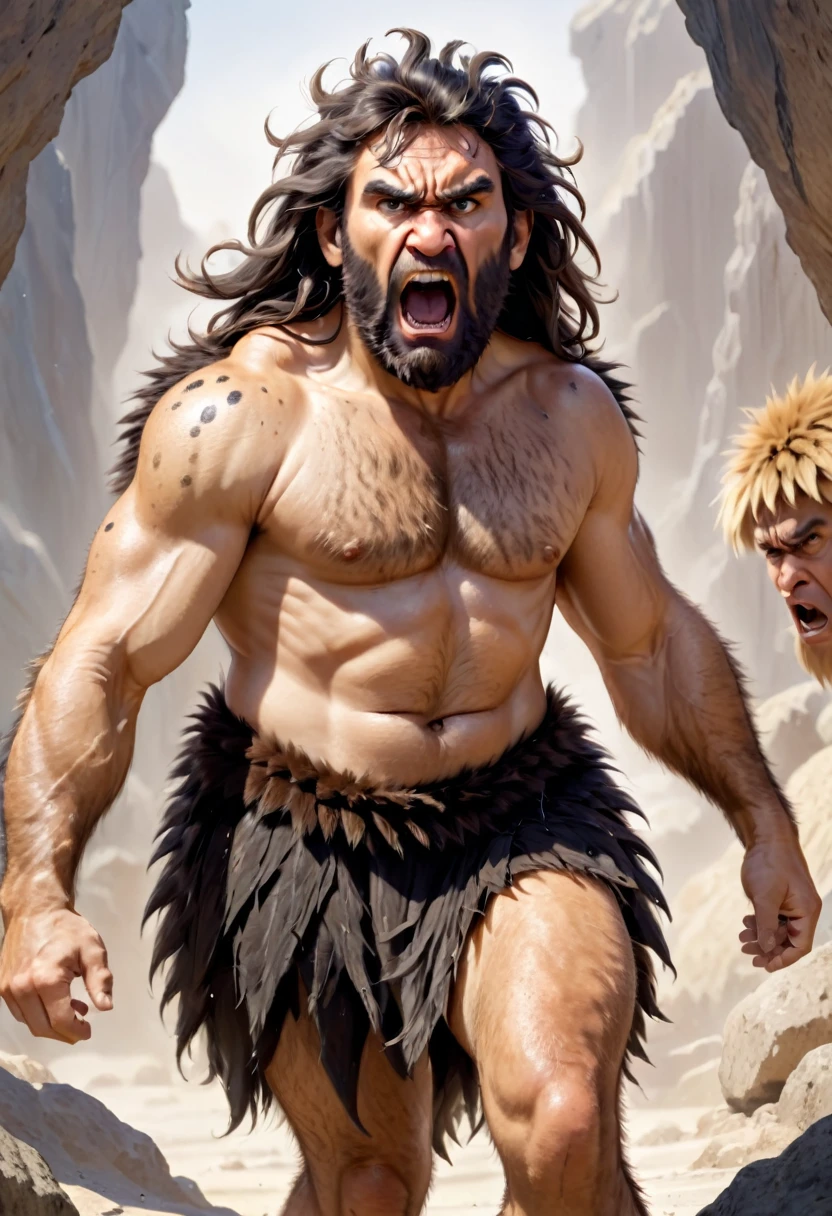 A robust, angry Neanderthal man, angry expression, long black messy hair, spiky beard, somewhat hairy body, wearing a brown fur toga with black spots, bare feet.