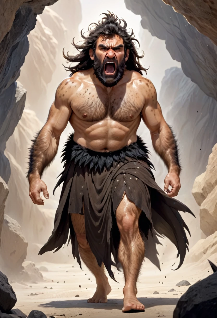 A robust, angry Neanderthal man, angry expression, long black messy hair, spiky beard, somewhat hairy body, wearing a brown fur toga with black spots, bare feet.