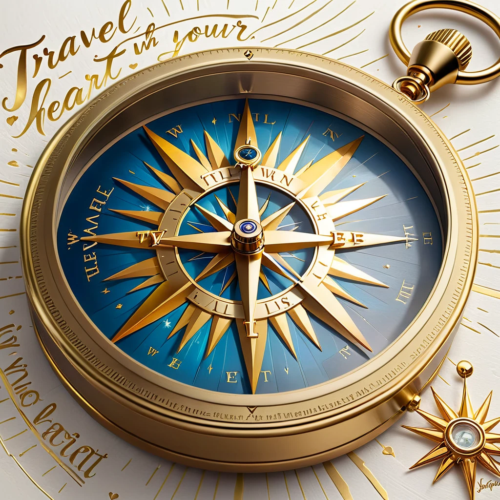 realistic styling: A compass detailed with golden sunbeams and the phrase "Travel with your heart" written in a cursive font.
