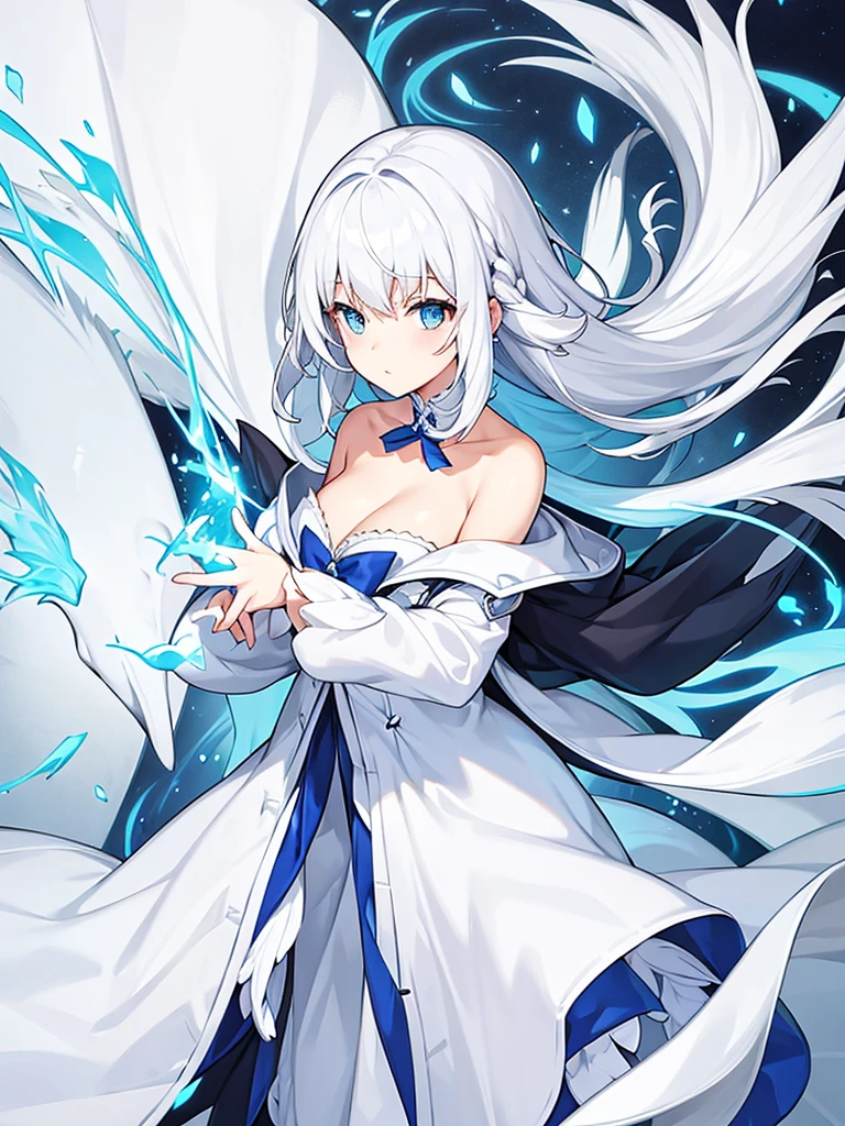 White hair, side tail, blue ribbon, off the shoulder coat, wing dresses, white wing