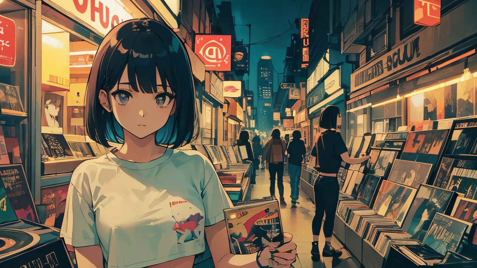A very detailed beautiful woman, Perfect face,Black Hair, bob cut,Bangs, Gray eyes, Top of crop, Short sleeve, crop top, Super detailed, Retro Wave, Cyberpunk, Sad atmosphere, night light through the window, night vibes, Room, 2d, (long shot), Old comics, (A lot of records:1.3), vinyl plastic record shop, (masterpiece, best quality, best quality, Official Art, beautiful and aesthetic: 1.2), Old anime texture, Solitary, Cyberpunk, vinyl plastic, night