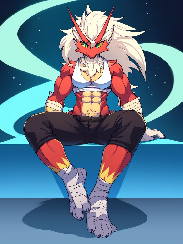[blaziken], (mayosplash), (wamudraws)], ((masterpiece)), ((HD)), ((solo portrait)), ((back view)), ((furry; anthro)), ((detailed shading)), ((beautiful render art)), ((intricate details)), {anthro; red feathers, red beak, (yellow talon feet), (long white hair), cute teal eyes, (yellow sclera), (half-closed eyes), (medium boobs), (defined muscles), (beautiful feet), bandaged feet, white tanktop, black pants, nosebleed, bloody nose, injury, scars over body