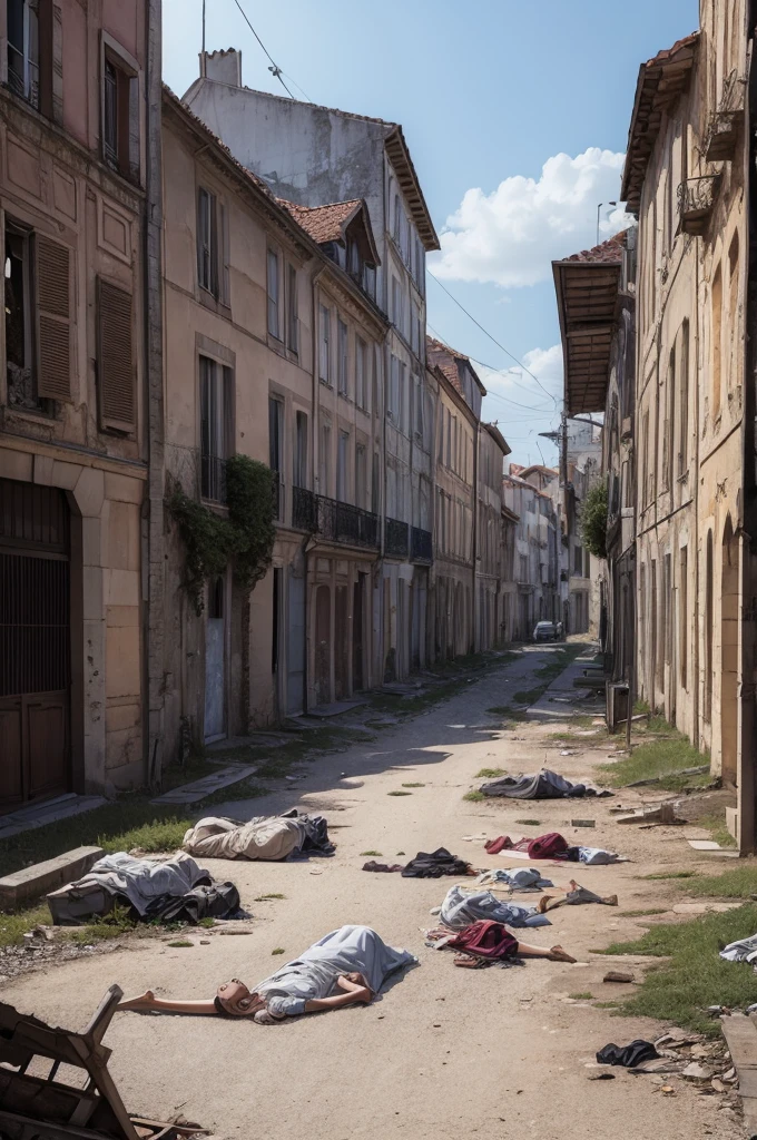 Abandoned French city with dead bodies on the ground sketchy style drawing 