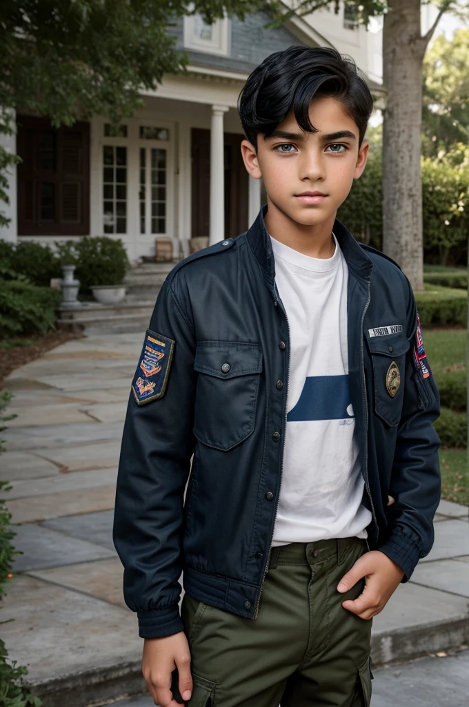 An image of a 12 year old male with expressionless deep blue eyes and short jet black hair , long black eyelashes , snub nose kissable lips milk white skin and tall handsome in a background of an old mansion an unreal beauty blessed by the beauty of God with a military shirt with military pants and a military jacket.