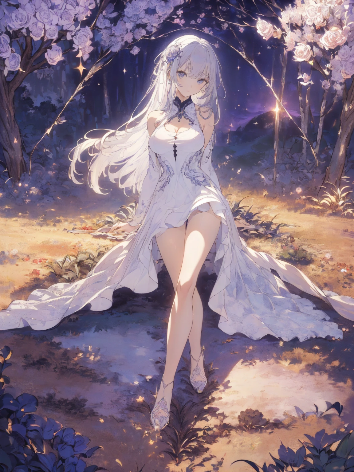(Landscape photo, with a woman in the bottom right of photo:1.5, in white garden:1.5), Masterpiece, best quality, (very detailed CG unity 8k wallpaper), (best quality), High definition RAW color art, Animation,sculptures, (silver Marble Skin, インド人), (((Ultra detailed elegant))), Magical atmosphere, Detailed skin, Texture,(Intricately detailed, Fine detail, ultra-detail art), depth of fields, Bokeh, Silky Touch, Hyper Detail, beautiful eyes, elegant face, (M-shaped open legs:1.3), sparkle background, enormous breast:1.3, (silver hair), pose, muscle, rose, ドラマチックな光, pastel purple