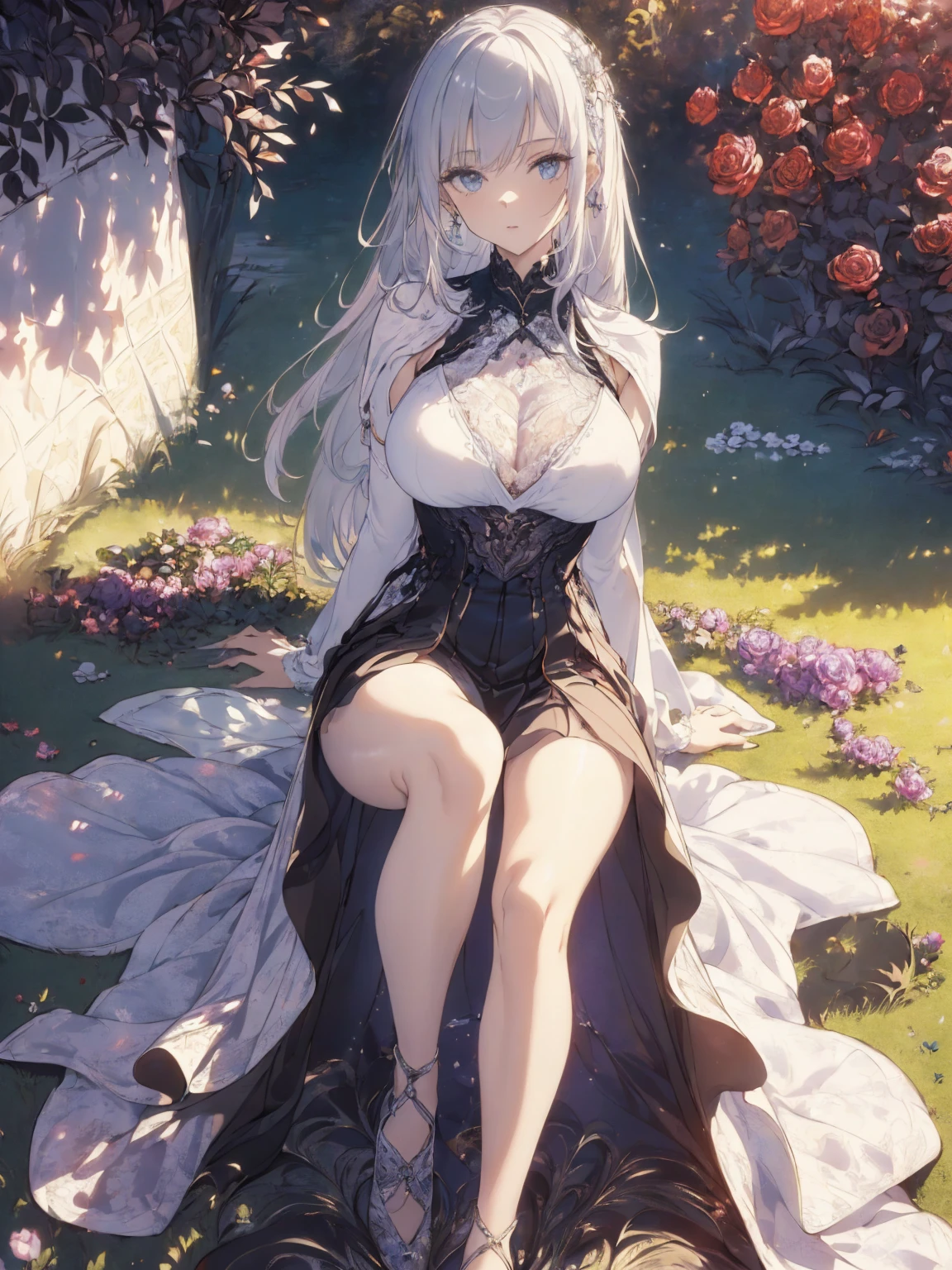 (Landscape photo, with a woman in the bottom right of photo:1.5, in white garden:1.5), Masterpiece, best quality, (very detailed CG unity 8k wallpaper), (best quality), High definition RAW color art, Animation,sculptures, (silver Marble Skin, インド人), (((Ultra detailed elegant))), Magical atmosphere, Detailed skin, Texture,(Intricately detailed, Fine detail, ultra-detail art), depth of fields, Bokeh, Silky Touch, Hyper Detail, beautiful eyes, elegant face, (M-shaped open legs:1.3), sparkle background, enormous breast:1.3, (silver hair), pose, muscle, rose, ドラマチックな光, pastel purple