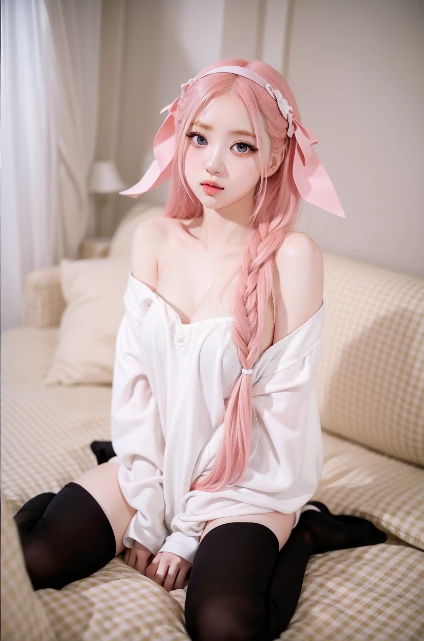 ((masterpiece, best quality, ultra-detailed, high resolution, extremely detailed CG, super detailed, Beautiful human body modeling, Most beautiful clean lighting)), 1 girl, beautiful and cute girl and idol and young face, smile, Beautiful long pink hair, twintails, Beautiful shining red eyes, white skin, slender, flat chest, completely nude, bedroom