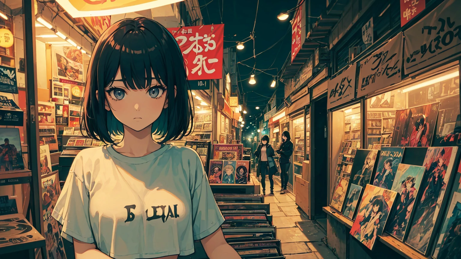 A very detailed beautiful woman, Perfect face,Black Hair, bob cut,Bangs, Gray eyes, Top of crop, Short sleeve, crop top, Super detailed, Retro Wave, Cyberpunk, Sad atmosphere, night light through the window, night vibes, Room, 2d, (long shot), Old comics, (A lot of records:1.3), vinyl plastic record shop, (masterpiece, best quality, best quality, Official Art, beautiful and aesthetic: 1.2), Old anime texture, Solitary, Cyberpunk, vinyl plastic, night