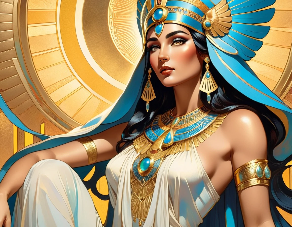 beautiful goddess isis, egyptian goddess, alphonse mucha style, detailed crown, queenie gesture, ornate headdress, flowing robes, golden skin, piercing eyes, intricate details, ethereal lighting, dreamlike atmosphere, vibrant colors, dramatic pose, masterpiece, 8k, ultra-detailed, photorealistic, cinematic, glowing aura
