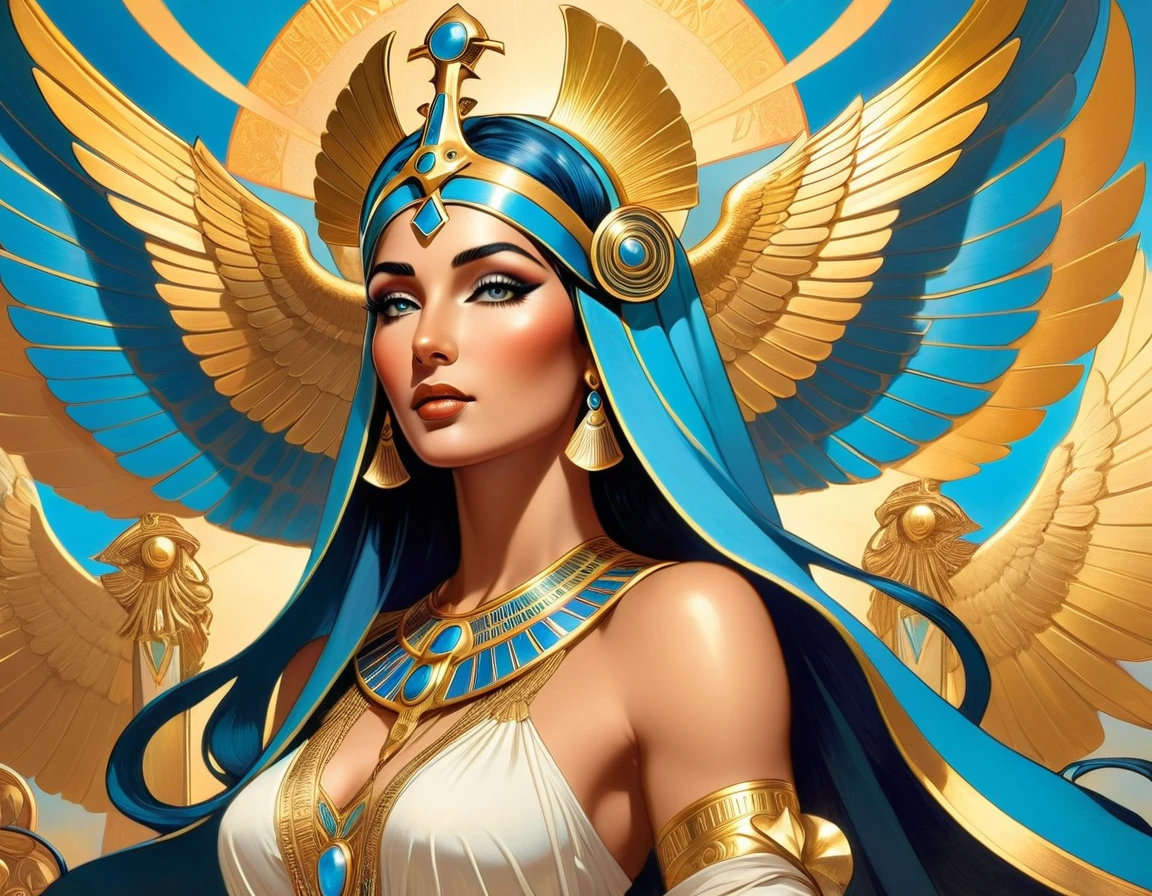  beautiful goddess isis, egyptian goddess, alphonse mucha style, detailed crown, queenie gesture, ornate headdress, flowing robes, golden skin, piercing eyes, intricate details, ethereal lighting, dreamlike atmosphere, vibrant colors, dramatic pose, masterpiece, 8k, ultra-detailed, photorealistic, cinematic, glowing aura