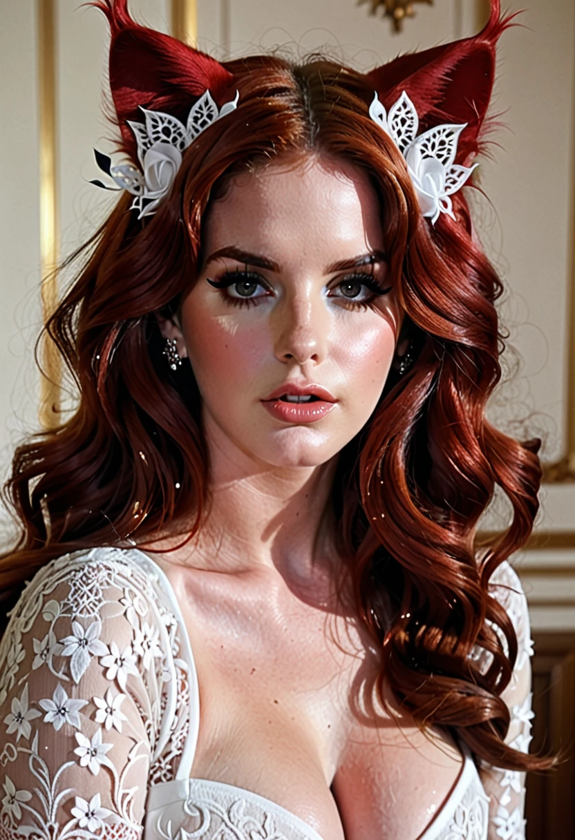 highy detailed, erotic seductress Lana Del Rey with lacy cat ears, cryin, (busty, Red hair), face centered, focused face, intricate eyes,