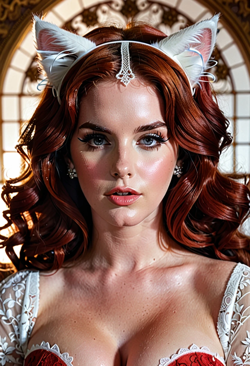 highy detailed, erotic seductress Lana Del Rey with lacy cat ears, cryin, (busty, Red hair), face centered, focused face, intricate eyes,