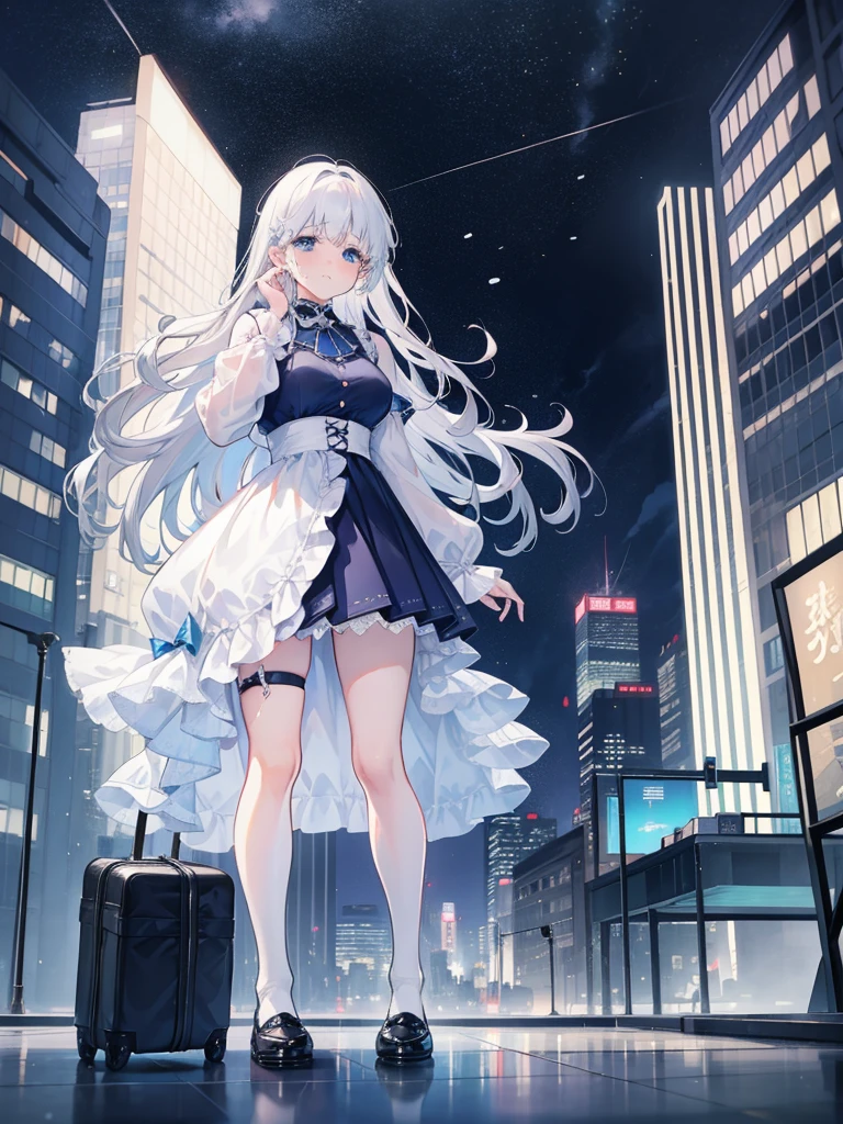 A fragile woman of a certain age with an aura of sadness、Cityscape、Crying with emotion and tears、Round, droopy blue eyes、Fine wavy long white hair、Medium breasts and curvy legs、Cheap but high quality city boy look、Wearing knee socks and shoes、Standing pose