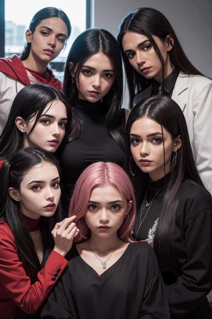 faça One imagem de 6 pessoas interagindo em One mesa: 1 macho alfa
1 macho sigma
, One (1) dark goth emo
, One psicopata com One faca na mão com o rosto com sangue e um sorriso assustador
One estudante de psicologia de jaleco
e One panela tramontina antiaderente rosa e preta