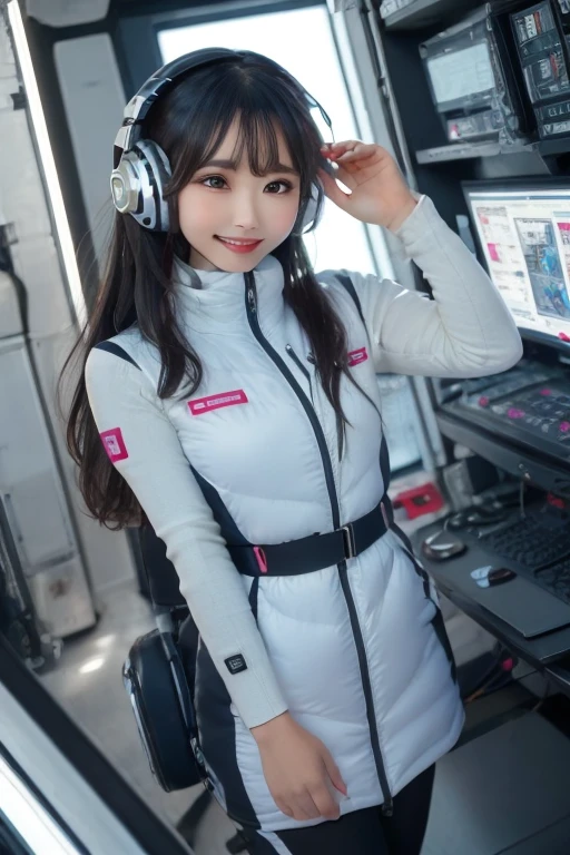 masterpiece, Highest quality, Very detailed, 8K Portrait,Japanese Android Girl,plump , Control panel,Robotic arms and legs, Blunt bangs,,break (Metallic Gray, Metallic luster, Mirror finish, Astro Best):5,headphone:5,break (Black sleeves):100,Smart Watches,Futuristic space station,Control Room,break headphone,blue eyes,(Black Hair):2,(Long Hair):1.3,Displaying the viewer,(respirator),break blush:3,Hidden Hand,smile