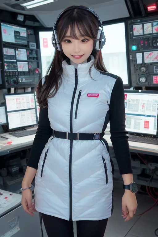 masterpiece, Highest quality, Very detailed, 8K Portrait,Japanese Android Girl,plump , Control panel,Robotic arms and legs, Blunt bangs,,break (Metallic Gray, Metallic luster, Mirror finish, Astro Best):5,headphone:5,break (Black sleeves):100,Smart Watches,Futuristic space station,Control Room,break headphone,blue eyes,(Black Hair):2,(Long Hair):1.3,Displaying the viewer,(respirator),break blush:3,Hidden Hand,smile
